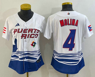 Women’s Puerto Rico Baseball #4 Yadier Molina 2023 Red World Classic Stitched Jersey