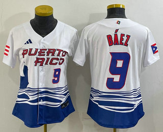 Women’s Puerto Rico Baseball #9 Javier Baez Number White 2023 World Baseball Classic Stitched Jersey