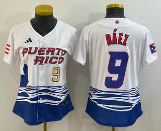 Women’s Puerto Rico Baseball #9 Javier Baez Number White 2023 World Baseball Classic Stitched Jerseys