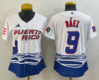 Women’s Puerto Rico Baseball #9 Javier Baez White 2023 World Baseball Classic Stitched Jersey