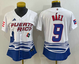 Women’s Puerto Rico Baseball #9 Javier Baez White 2023 World Baseball Classic Stitched Jerseys