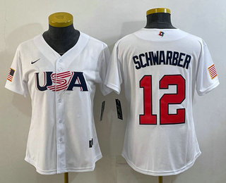 Women’s USA Baseball #12 Kyle Schwarber 2023 White World Classic Stitched Jersey