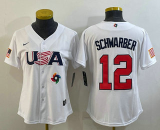 Women’s USA Baseball #12 Kyle Schwarber 2023 White World Classic Stitched Jerseys