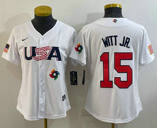 Women’s USA Baseball #15 Bobby Witt Jr 2023 White World Classic Replica Stitched Jersey