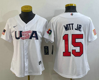 Women’s USA Baseball #15 Bobby Witt Jr 2023 White World Classic Replica Stitched Jerseys