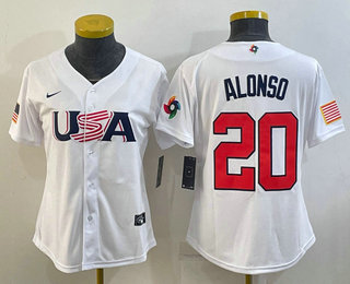 Women’s USA Baseball #20 Pete Alonso 2023 White World Classic Stitched Jersey
