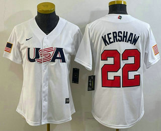 Women’s USA Baseball #22 Clayton Kershaw 2023 White World Classic Stitched Jersey