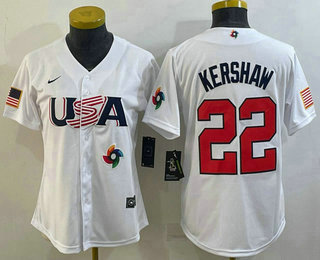 Women’s USA Baseball #22 Clayton Kershaw 2023 White World Classic Stitched Jerseys