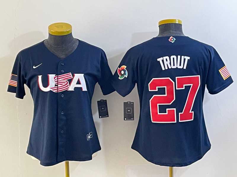Women’s USA Baseball #27 Mike Trout 2023 Navy World Classic Stitched Jersey