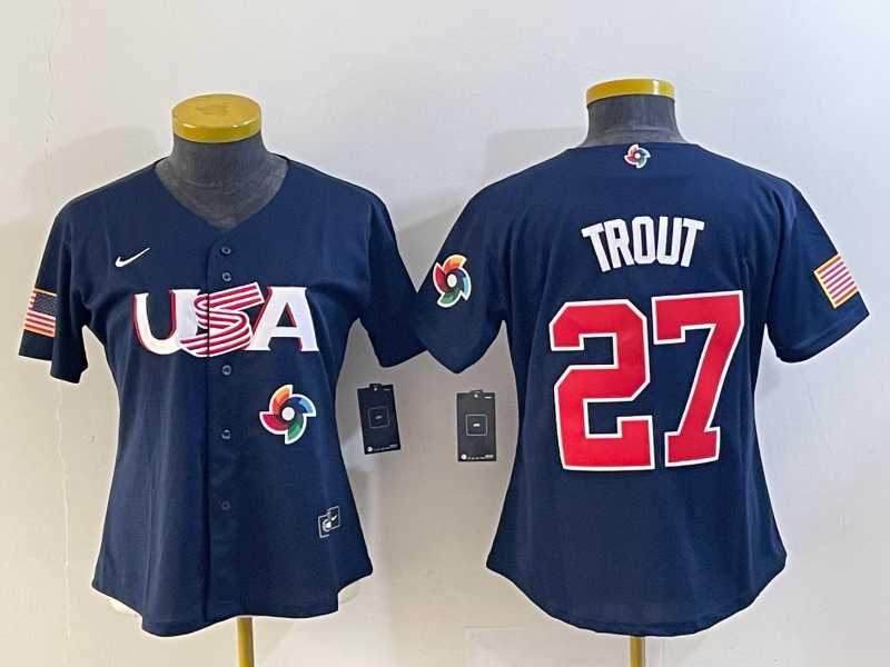 Women’s USA Baseball #27 Mike Trout 2023 Navy World Classic Stitched Jersey1