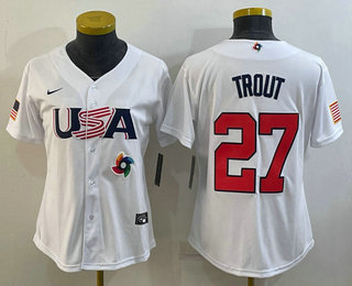 Women’s USA Baseball #27 Mike Trout 2023 White World Classic Replica Stitched Jersey