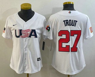 Women’s USA Baseball #27 Mike Trout 2023 White World Classic Replica Stitched Jerseys