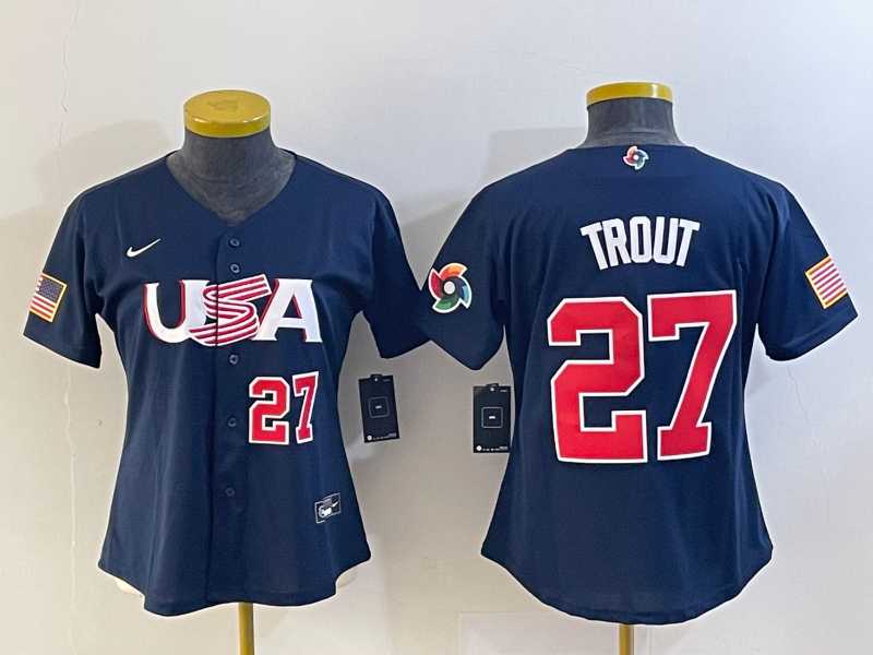 Women’s USA Baseball #27 Mike Trout Number 2023 Navy World Classic Stitched Jersey