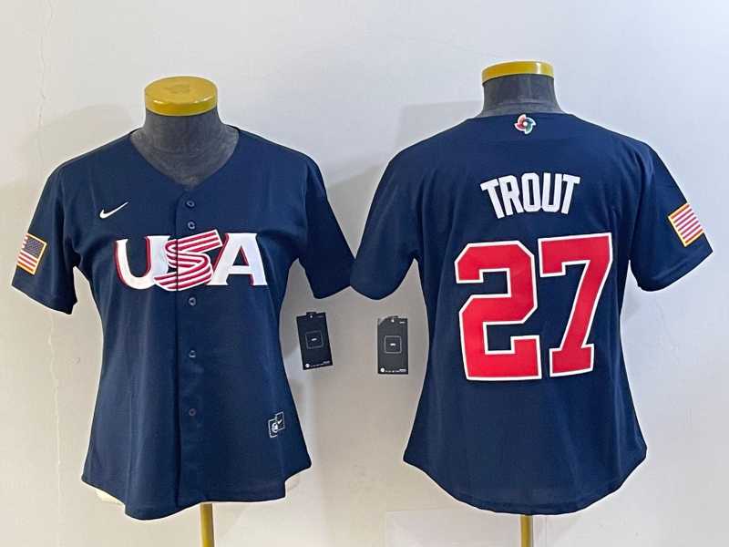 Women’s USA Baseball #27 Mike Trout Number 2023 Navy World Classic Stitched Jersey1