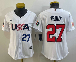 Women’s USA Baseball #27 Mike Trout Number 2023 White World Classic Replica Stitched Jersey