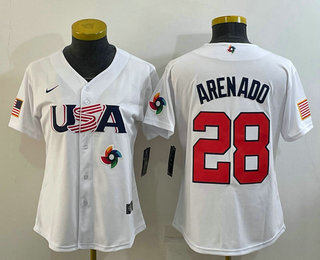 Women’s USA Baseball #28 Nolan Arenado 2023 White World Classic Replica Stitched Jersey