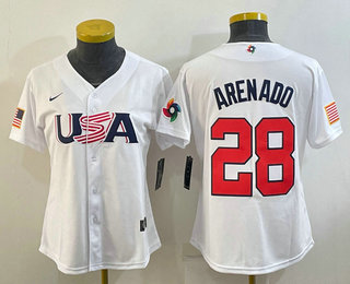 Women’s USA Baseball #28 Nolan Arenado 2023 White World Classic Replica Stitched Jerseys