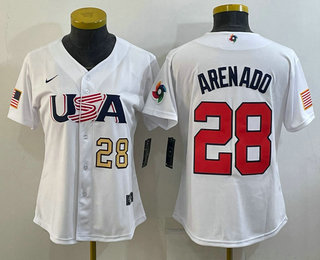 Women’s USA Baseball #28 Nolan Arenado Number 2023 White World Classic Replica Stitched Jersey