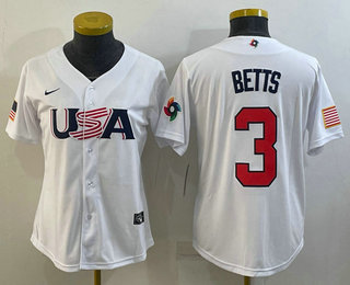 Women’s USA Baseball #3 Mookie Betts 2023 White World Classic Replica Stitched Jersey