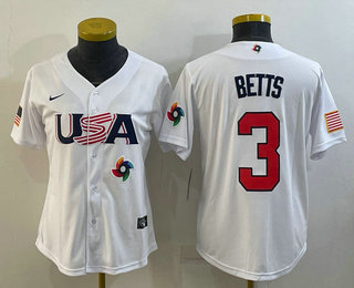 Women’s USA Baseball #3 Mookie Betts 2023 White World Classic Replica Stitched Jerseys