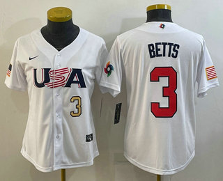 Women’s USA Baseball #3 Mookie Betts Number 2023 White World Classic Replica Stitched Jersey