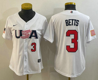 Women’s USA Baseball #3 Mookie Betts Number 2023 White World Classic Replica Stitched Jerseys