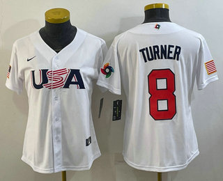 Women’s USA Baseball #8 Trea Turner 2023 White World Classic Stitched Jerseys