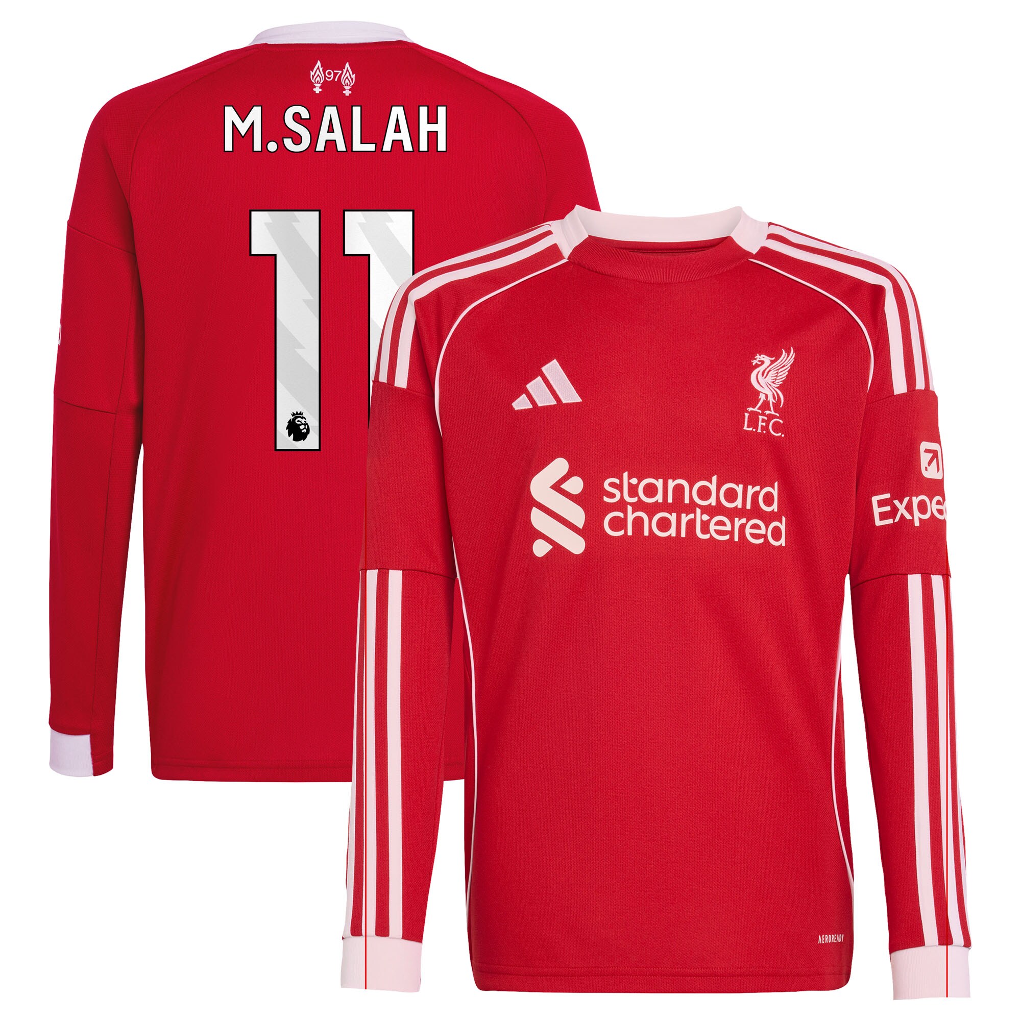 Mohamed Salah Liverpool adidas Youth 2025/26 Home Replica Long Sleeve Jersey – Red
