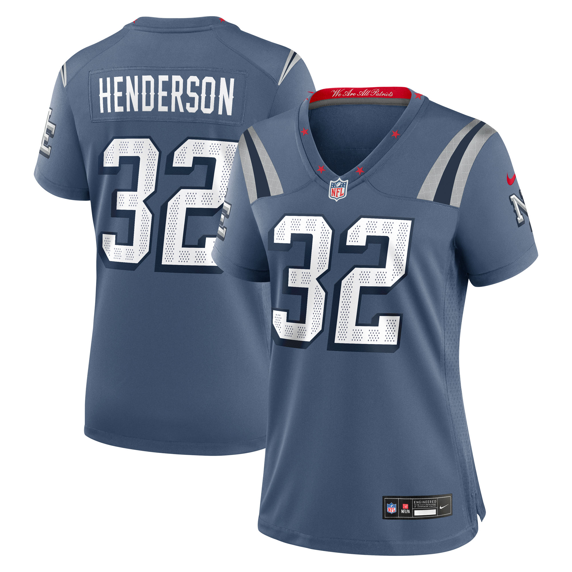 TreVeyon Henderson New England Patriots Nike Women’s 2025 Rivalries Collection Game Jersey – Storm Blue