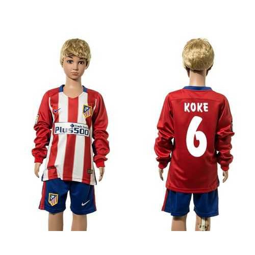 Atletico Madrid #6 Koke Home Long Sleeves Kid Soccer Club Jersey