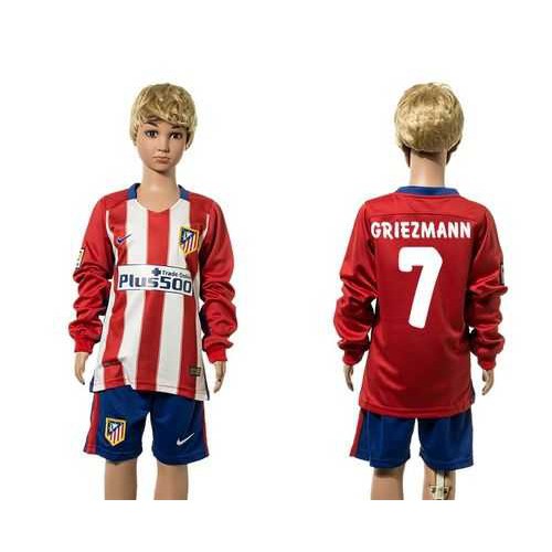 Atletico Madrid #7 Griezmann Home Long Sleeves Kid Soccer Club Jersey