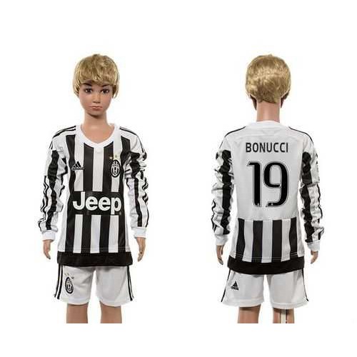 Juventus #19 Bonucci Home Long Sleeves Kid Soccer Club Jersey
