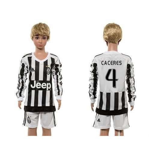 Juventus #4 Caceres Home Long Sleeves Kid Soccer Club Jersey