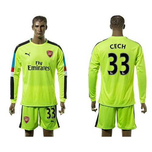 Arsenal #33 Cech Shiny Green Goalkeeper Long Sleeves Soccer Club Jersey