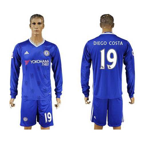 Chelsea #19 Diego Costa Home Long Sleeves Soccer Club Jersey