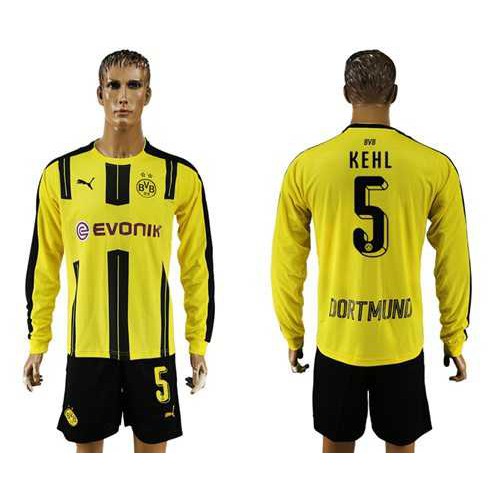 Dortmund #5 Kehl Home Long Sleeves Soccer Club Jersey