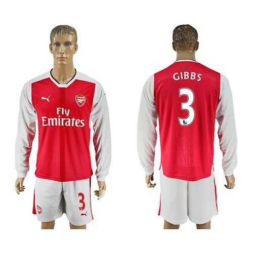 Arsenal #3 Gibbs Red Home Long Sleeves Soccer Club Jersey