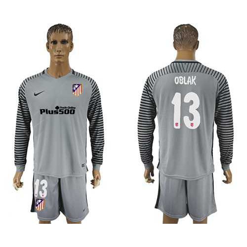 Atletico Madrid #13 Oblak Grey Goalkeeper Long Sleeves Soccer Club Jersey