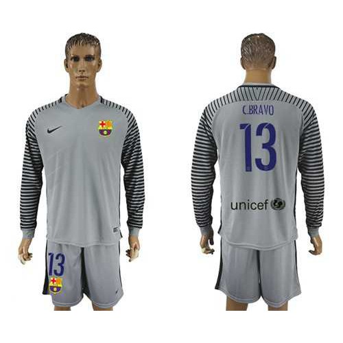 Barcelona #13 C.Bravo Grey Goalkeeper Long Sleeves Soccer Club Jersey