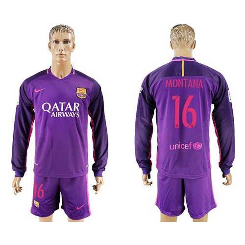Barcelona #16 Montana Away Long Sleeves Soccer Club Jersey