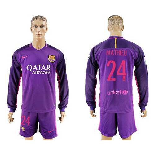 Barcelona #24 Mathieu Away Long Sleeves Soccer Club Jersey