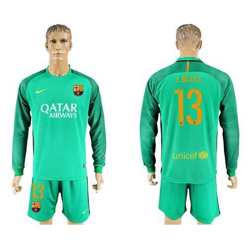 Barcelona #13 C.Bravo Green Goalkeeper Long Sleeves Soccer Club Jersey