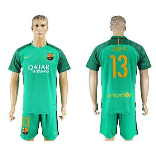 Barcelona #13 C.Bravo Green Goalkeeper Soccer Club Jersey