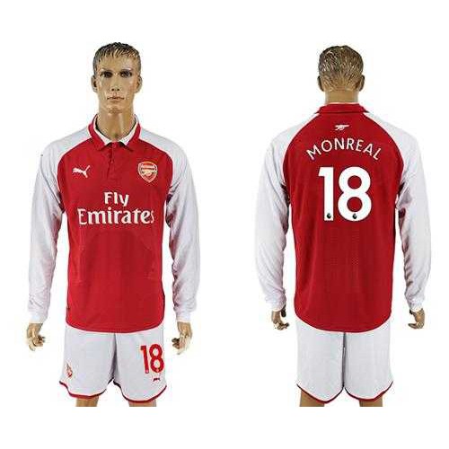 Arsenal #18 Monreal Red Home Long Sleeves Soccer Club Jersey