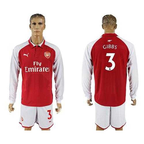 Arsenal #3 Gibbs Red Home Long Sleeves Soccer Club Jersey