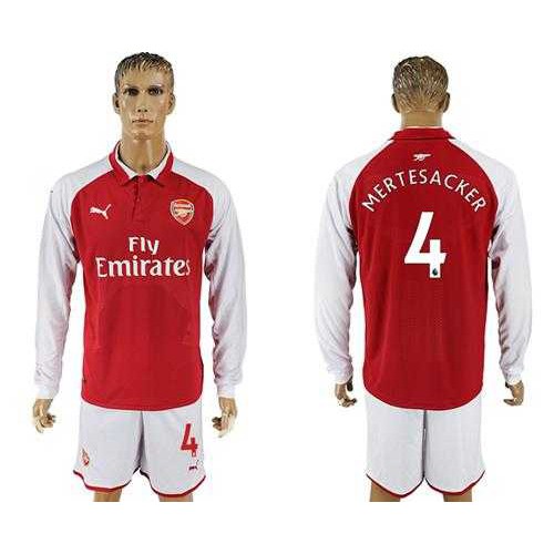 Arsenal #4 Mertesacker Red Home Long Sleeves Soccer Club Jersey