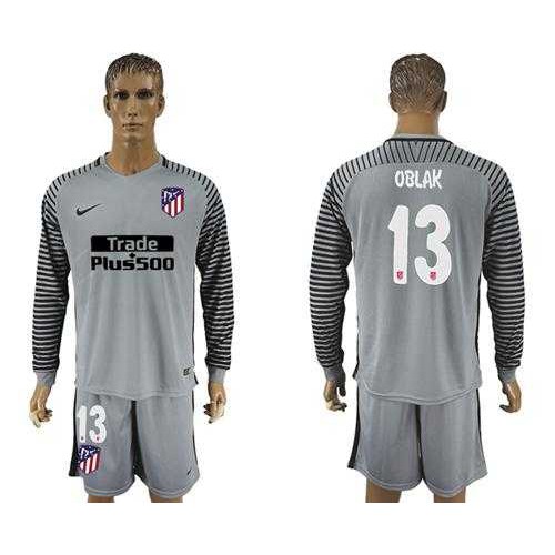 Atletico Madrid #13 Oblak Grey Goalkeeper Long Sleeves Soccer Club Jersey