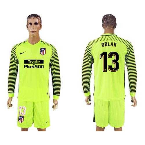 No13 Oblak Shiny Green Goalkeeper Long Sleeves Jersey
