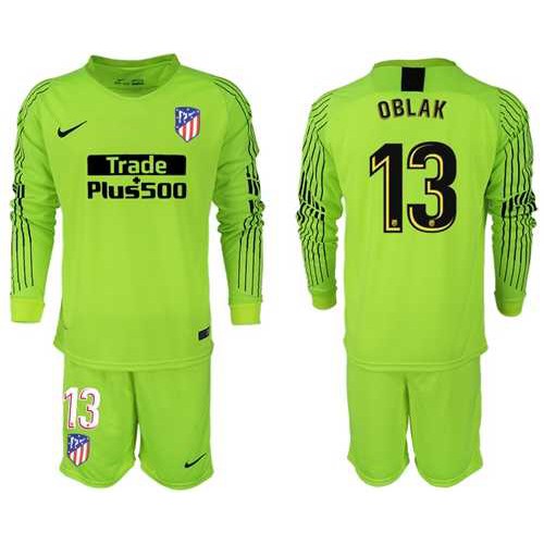 Atletico Madrid #13 Oblak Shiny Green Goalkeeper Long Sleeves Soccer Club Jersey