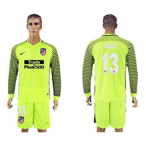 Atletico Madrid #13 Oblak Shiny Green Goalkeeper Long Sleeves Soccer Club Jersey